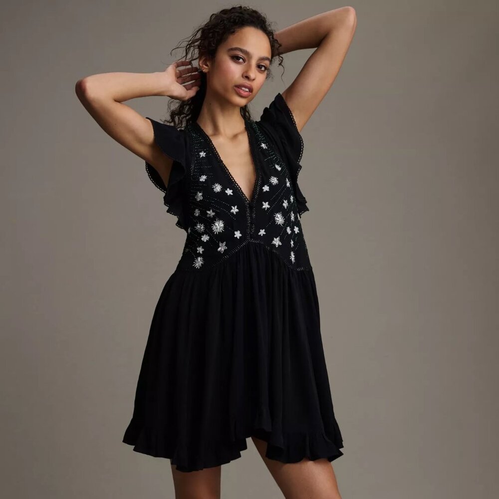 Anthropologie V-Neck Sequin Deco Swing Dress (Black, Medium)